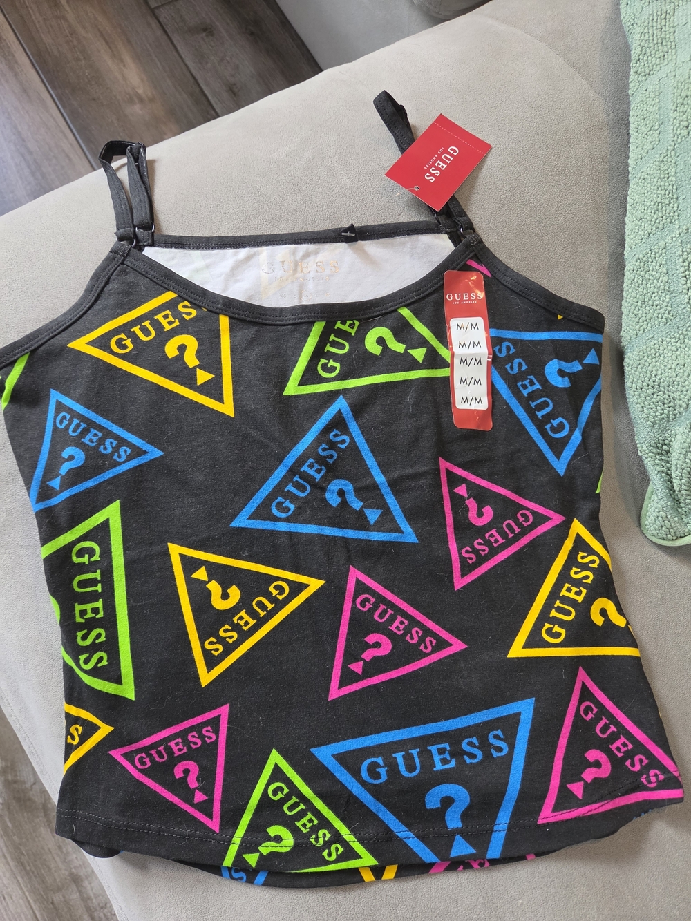 Guess Black Tank Dress with Neon Logo Triangles